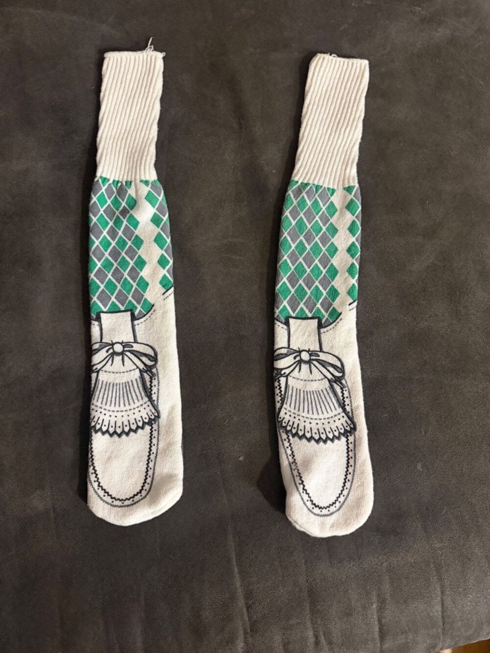 Vintage Novelty Golf Argyle Socks With Shoe Print Design Green & White Unisex On